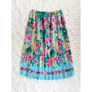 Vintage 1970s Schrader Floral Pleated Midi Skirt Bright Tropical